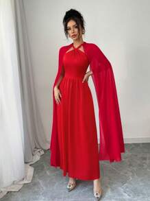 SHEIN Unity Summer Women's Holiday Party Outfits Long Women's Valentine's Day Halter Neck Red Chiffon Splicing Cape Dress - Red - View 4