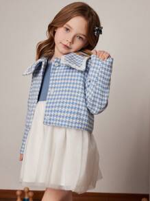 PrepCrw Young Girls' Blue & White Houndstooth Knit Jacket And Dress 2 Pieces Set, Spring/Summer - Blue - View 5