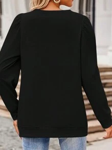 女士休闲纯色泡泡袖 T 恤 - 黑色 - 查看 2