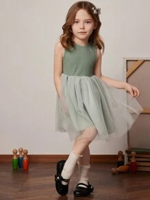 PrepCrw Vestido de punto verde con malla de contraste, estilo academia, para niñas, primavera/verano