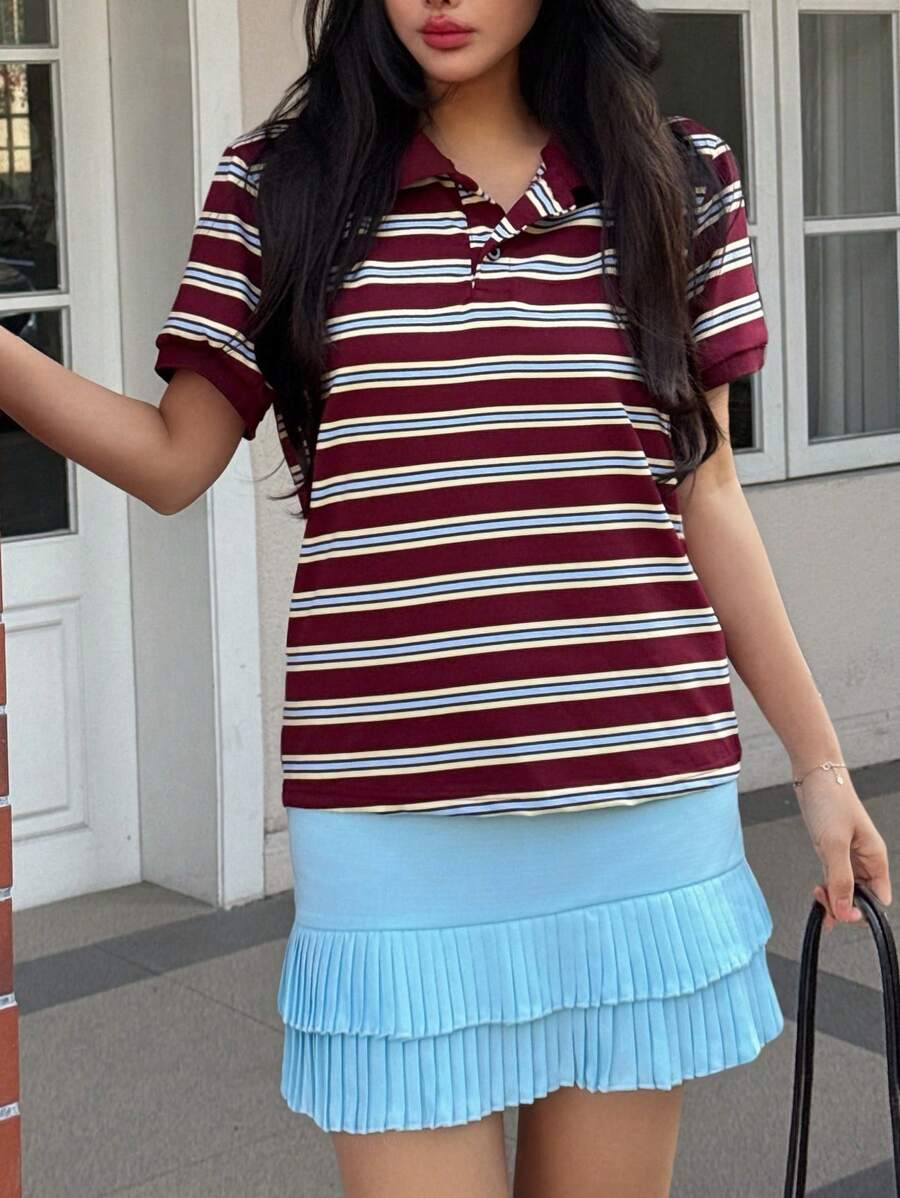 SHEIN Explorewe Teen Girls Fashion Colorblock Striped Polo Collar Short Sleeve T-Shirt And Double Layer Ruffle Skirt Set, Summer, Casual, Holiday, Back-To-School - Blue - View 1