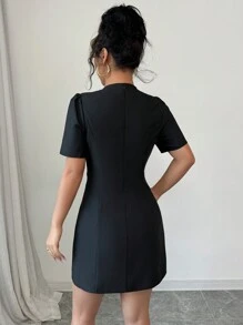 Elenzga 女士蝴蝶结装饰短款泡泡袖时尚迷你连衣裙 - 黑色 - 查看 2