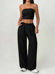 SHEIN PETITE 女士黑色两件套：休闲抹胸和阔腿裤套装，度假装女士 - 黑色 - 查看 4