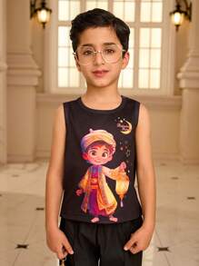 Ramadan Character Print Round Neck Casual Tank Top For Young Boy