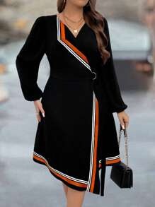 SHEIN Clasi Plus Size Women Colorful Ribbon Lantern Sleeve Dress - Black - View 5