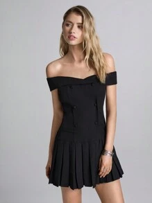 Easelle 黑色针织露肩女式连衣裙 - 黑色 - 查看 4