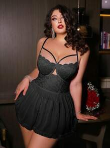 SHEIN 大码女式撞色蕾丝吊带背心性感内衣（带钢圈 + 蕾丝） - 黑色 - 查看 6