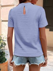 SHEIN Clasi Vacation Casual Solid Color Stand Collar Short Sleeve Shirt - Dusty Blue - View 2