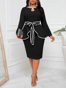 Fleurora 大码粉色水滴领口设计腰部褶皱下摆上衣和基本款修身裙套装女式两件套粉色两件套外出装四季