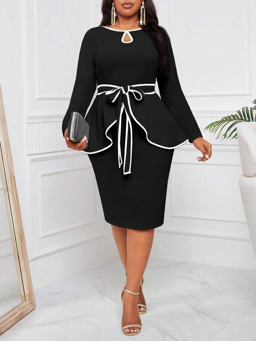 Fleurora 大码粉色水滴领口设计腰部褶皱下摆上衣和基本款修身裙套装女式两件套粉色两件套外出装四季