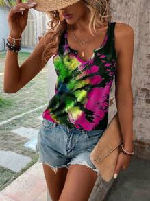 LONESS Tie Dye Notched Neckline Tank Top