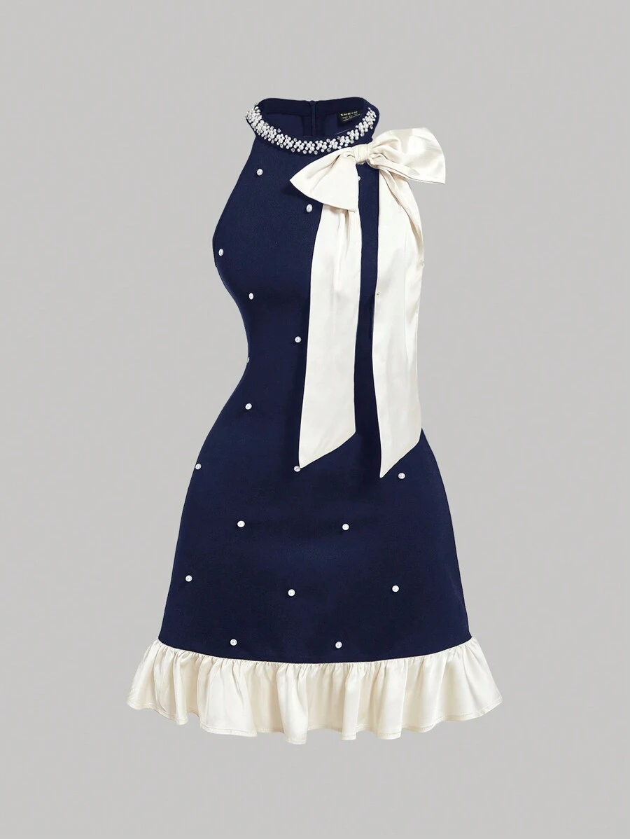 SHEIN MOD 女式海军蓝迷你连衣裙，搭配米色蝴蝶结和珍珠装饰，冬季短裙，正式礼服，节日礼服，圣诞派对礼服，新年前夜礼服 - 藏蓝色 - 查看 1