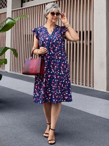 Miaspire Vestido de manga corta de escote en V con estampado completo para mujer de tallas grandes