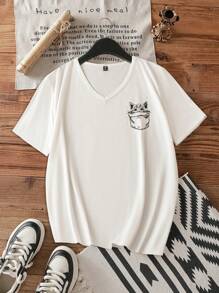 SHEIN LUNE Plus Size Cute Cat Pocket Graphic V-Neck Short Sleeve T-Shirt - White - View 1