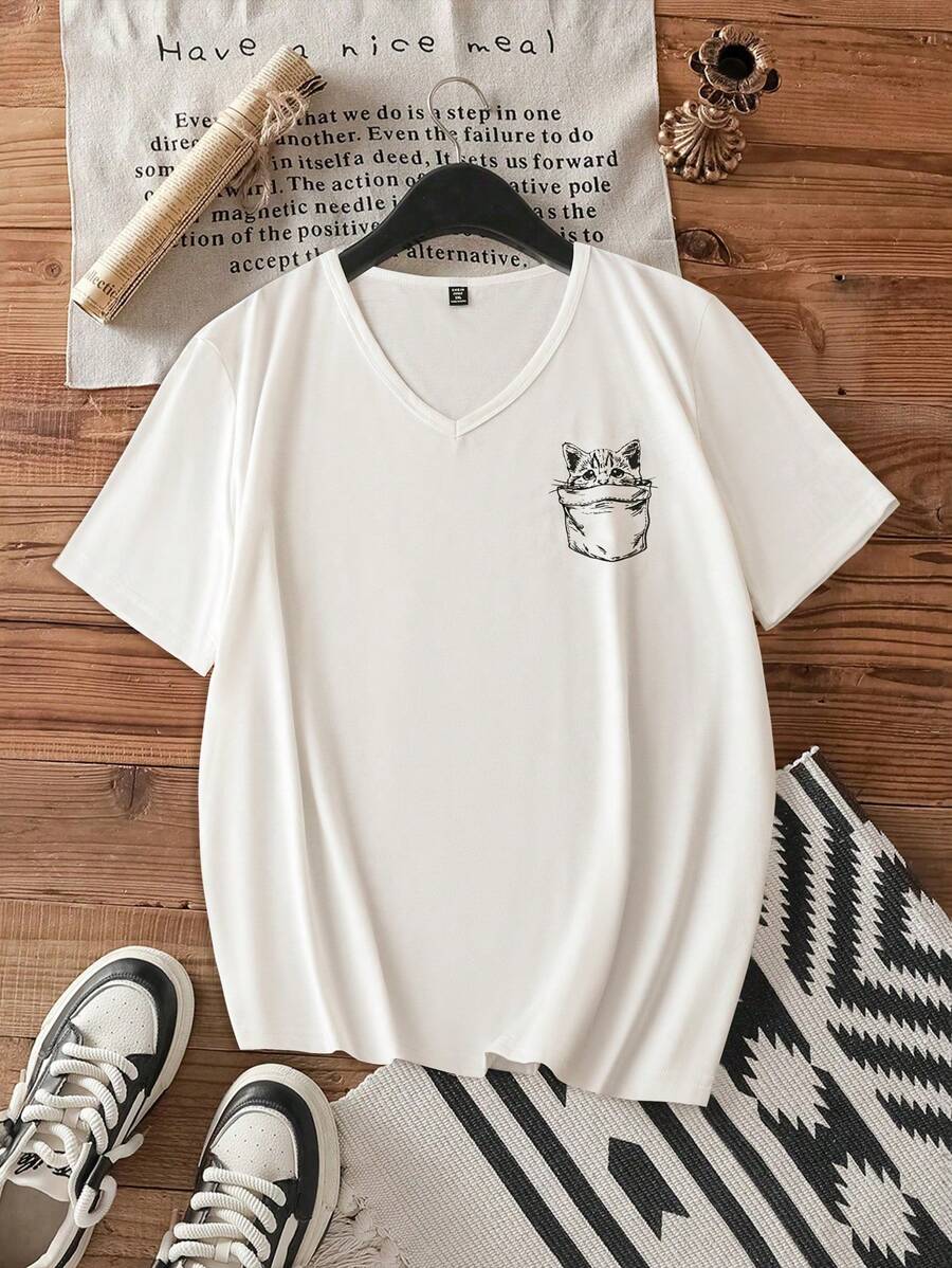 SHEIN LUNE Plus Size Cute Cat Pocket Graphic V-Neck Short Sleeve T-Shirt - White - View 1