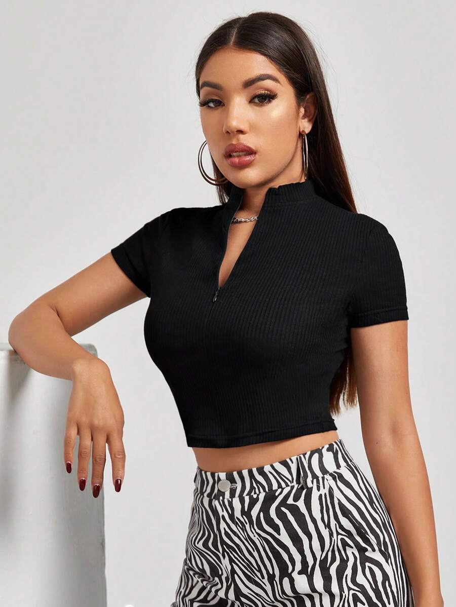 SHEIN Essnce Áo thun Dây kéo màu trơn Giải trí - màu đen - Xem 1