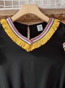 SHEIN Tween Girl Patchwork Fringe Trim Cap Sleeve Dress - Black - View 5