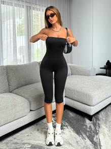 Siren Gaze 女式無肩帶連身褲，拖地褲管，修身版型 - 黑色 - 查看 1