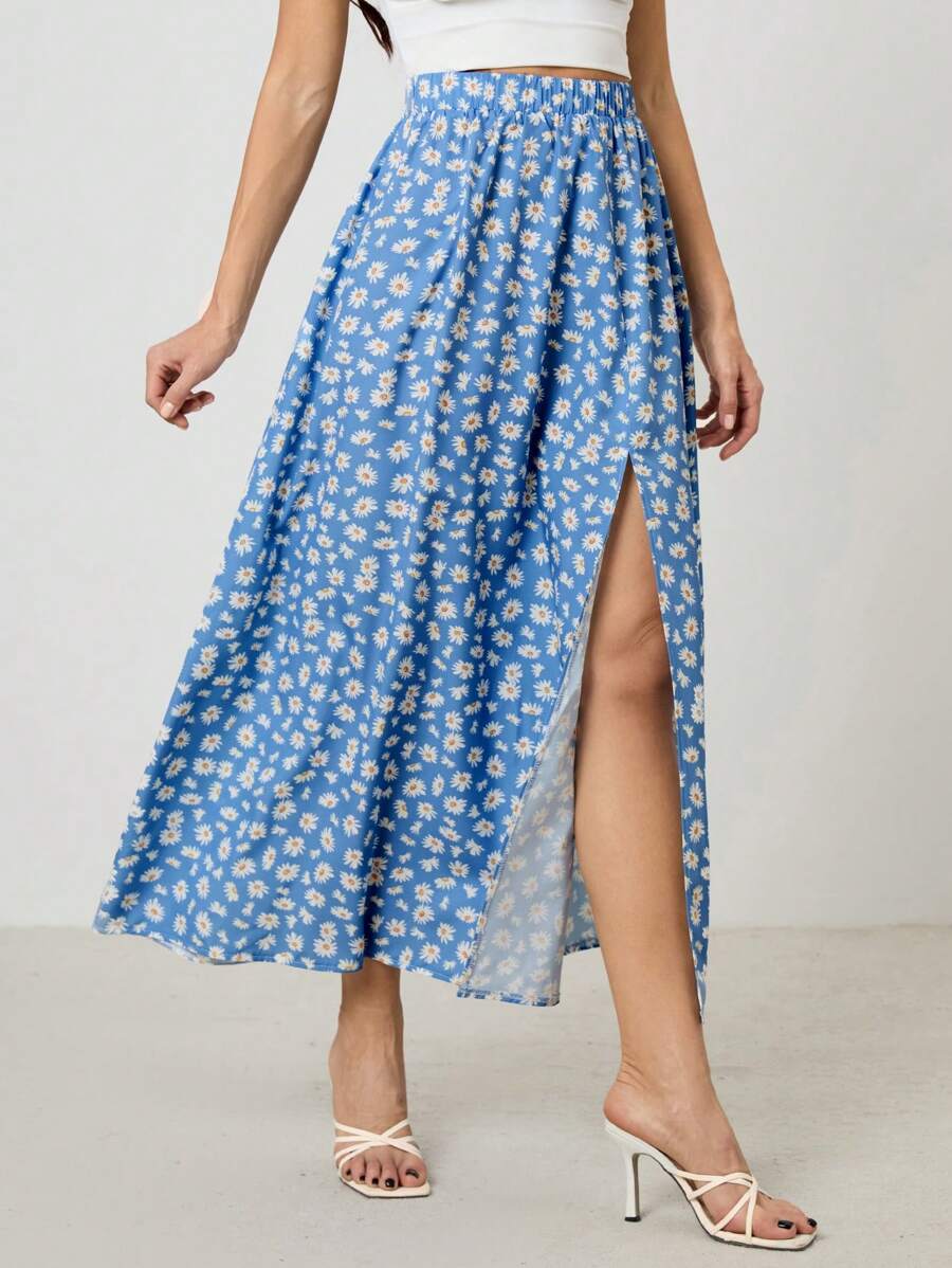 SHEIN Tall 女式夏季休闲碎花高开衩裙 - 藍色 - 查看 1