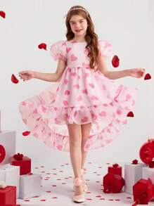 1 件 Tween 女童泡泡袖雪纺心形印花不对称连衣裙，适合春夏季生日、派对 - 白色 - 查看 1