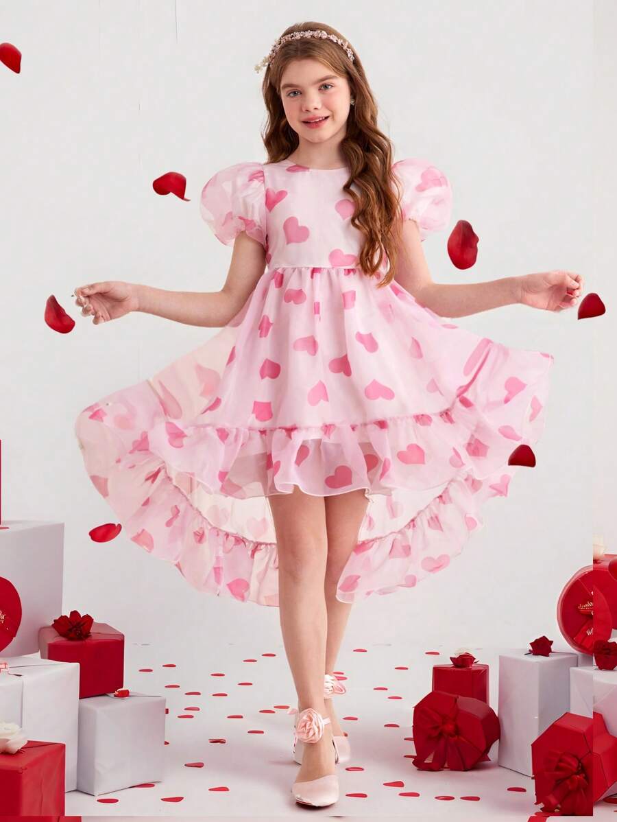 1 件 Tween 女童泡泡袖雪纺心形印花不对称连衣裙，适合春夏季生日、派对 - 白色 - 查看 1
