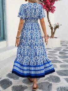 Breezaya Women's Spring/Summer Boho French Commuter Casual Vacation Blue & White Floral Prints V-Neck Waist Ruffle Hem Flare Sleeve Dress - Blue - View 2