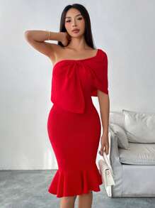 Calvaya Elegant Fitted Solid Color Bow Decor Ruffle Hem Bodycon Dress
