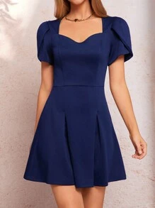 SHEIN Clasi 女士优雅纯蓝色针织荷叶边花瓣袖 A 字褶皱短裙