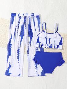 Young Girl 3-Piece Swimwear Set, Printed Random Design - Blue - View 2