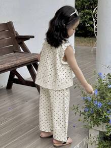 Dazy Kids 2pcs Young Girl Girls Sleeveless Allover Print Shirt + Woven Pants Set, Spring/Summer Vacation - White - View 3