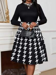 Fleurora 春夏秋冬优雅黑白针织圆领铅笔大码连衣裙 - 黑與白 - 查看 3