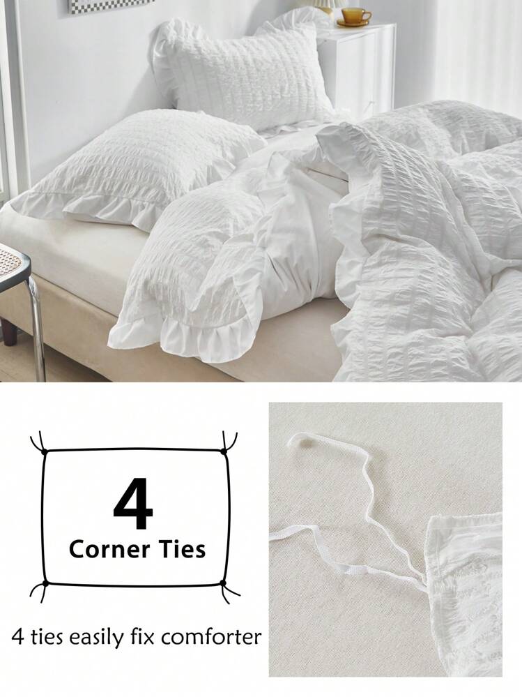 2/3pcs White Bubble Chiffon Polyester Duvet Cover Set With Ruffle Edges, Modern Fashionable & Cute, Suitable For All Seasons, Ideal For Teenagers And Students Back To School, Soft & Breathable Duvet Cover (1 Duvet Cover + 1/2 Pillow Sham, Filling Not Included) - White - View 6