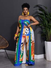 Slaydiva Plus Size Women's Casual, Holiday, Elegant Strapless Front Slit Loose Long Top And Long Pants 2 Pieces Set, Holiday Floral Print,Holiday Outfits Boho - Multicolor - View 4