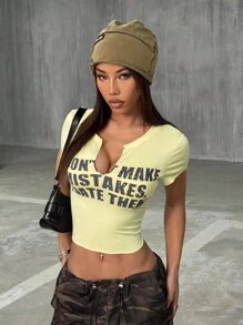 StreetHx Women's Small V-Neck Solid Color Letter Print Short Sleeve T-Shirt, Spring