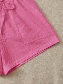 SHEIN EZwear Pantaloncini estivi larghi e casual in cotone e lino, con tasche inclinate e cintura annodata, bianchi - Rosa - Visualizzare 5