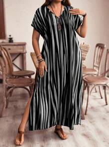 EMERY ROSE Plus Size Women's Striped Color Block Side Reflected Color Striped Maxi Long Beach Dress For Vacation - Black and White - View 3