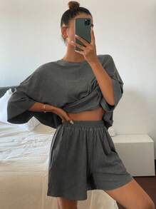 Livesso Minimalist Comfortable Ribbed Knit Fabric Loose T-Shirt & Shorts 2 Pieces Pajama Set For Women - Dark Grey - View 4