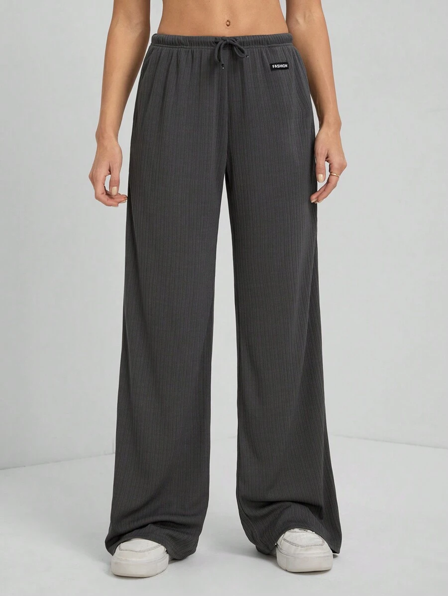 SHEIN Tall Quần ống rộng dệt kim họa tiết thêu chữ cho nữ - Xám - Xem 1