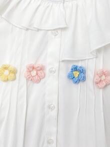 Young Girl Casual Flower Decor Ruffle Hem Mini Dress - White - View 3