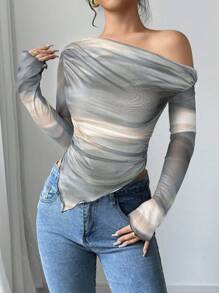 Firerie Women's Asymmetric Neck Tie-Dye Print Long Sleeve T-Shirt - Multicolor - View 5