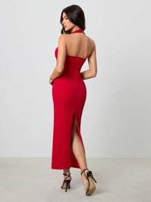 SHEIN Tall Ui Cut-Out Neck Line Long Bodycon Dress For Women - Red - View 2