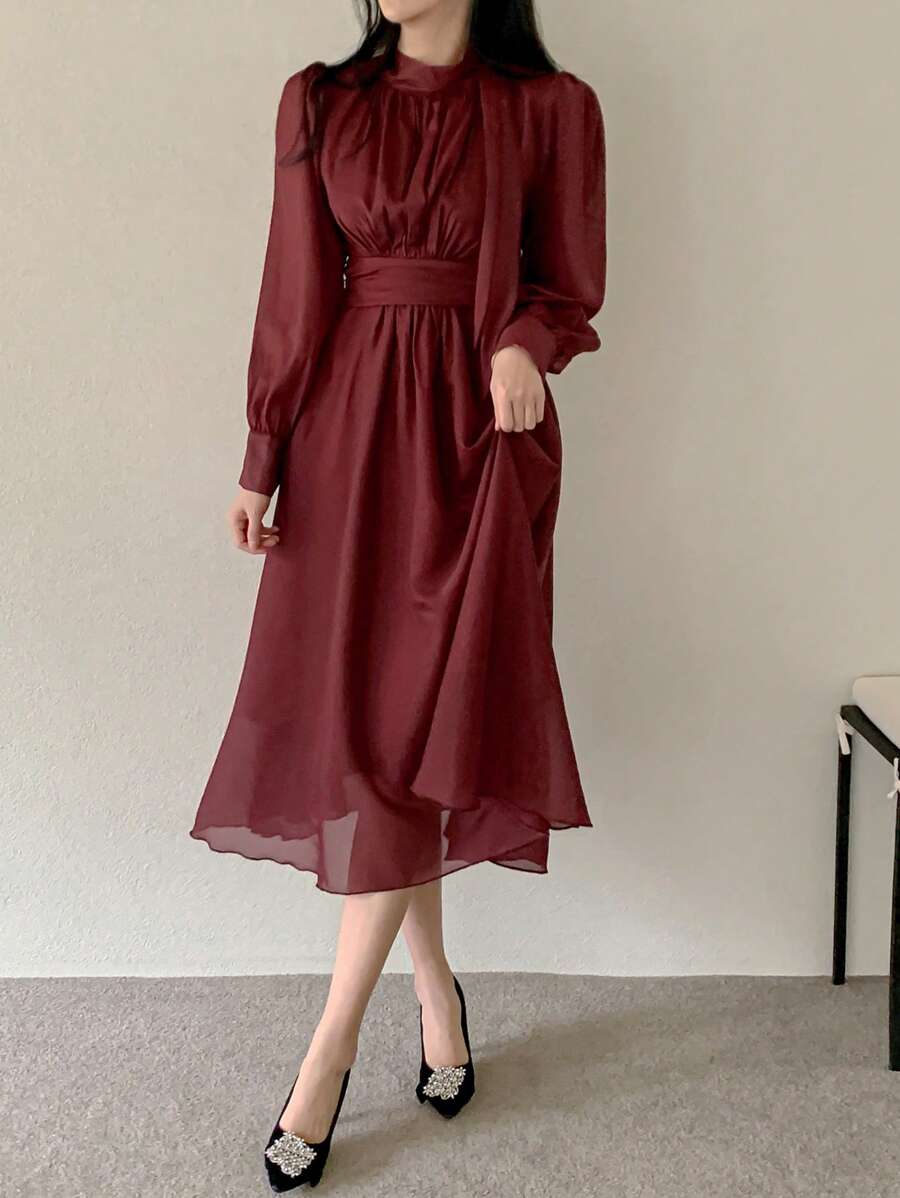 DAZY 女士宽松中长款系带派对连衣裙，秋季连衣裙长袖连衣裙红色女士连衣裙 - 酒紅色 - 查看 1