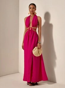 Zivah 新款春夏休闲度假挂脖露肩露背腰环装饰腰部辫子装饰两侧高开衩至大腿玫红色条纹纹理梭织面料女式长裙-B