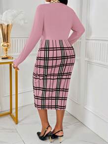 Fleurora Autumn And Winter Elegant Brown Plaid Knitted Cowl Neck Pencil Midi Long Sleeve Plus Size Dresses Prom Dress Gold Skirt Plaid Dress - Dusty Pink - View 2