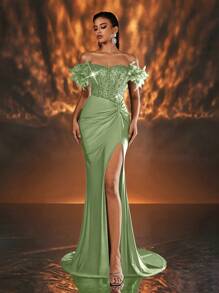 Glamrae 优雅奢华的祖母绿露肩毛茸茸袖子，带有透明亮片面板，弹力面料，开衩鱼尾裙，婚礼宾客礼服，适合婚礼、派对、毕业典礼、庆典、鸡尾酒会礼服、派对礼服、正式礼服、晚礼服、长袍 - 綠色 - 查看 2