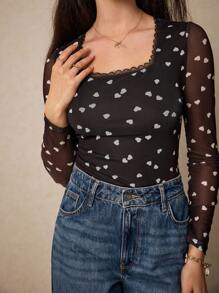 Poéselle 情人节心形图案蕾丝拼布方领紧身衣夏季度假服装 - 黑色 - 查看 3