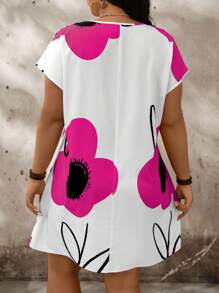 SHEIN LUNE 大码花卉缺口 V 领蝙蝠袖夏季连衣裙女士夏季服装度假服装女士连衣裙度假连衣裙 - 玫紅色 - 查看 2