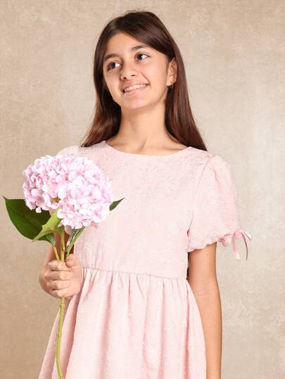 SUMWON Jacquard Baby Doll Party Dress With Puff Sleeves Tea Party Special Occasion Spring Summer Wedding Guest Empire Waist Tween Girls Fashion