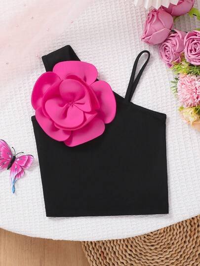 Young Girl 3D Floral Decor Asymmetric Neckline Camisole