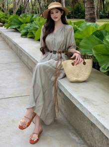 DAZY 女士海滩度假 V 领宽松休闲中长连衣裙，搭配宽松直筒中袖太阳裙